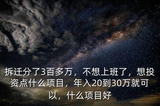 拆遷分了3百多萬，不想上班了，想投資點(diǎn)什么項(xiàng)目，年入20到30萬就可以，什么項(xiàng)目好