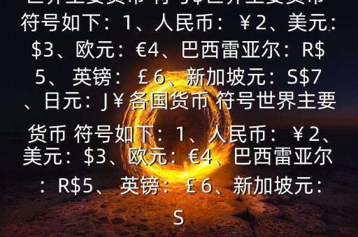 世界主要貨幣 符號(hào)$世界主要貨幣 符號(hào)如下：1、人民幣：￥2、美元：$3、歐元：€4、巴西雷亞爾：R$5、 英鎊：￡6、新加坡元：S$7、日元：J￥各國(guó)貨幣 符號(hào)世界主要貨幣 符號(hào)如下：1、人民幣：￥2、美元：$3、歐元：€4、巴西雷亞爾：R$5、 英鎊：￡6、新加坡元：S