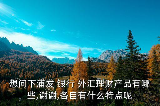 想問下浦發(fā) 銀行 外匯理財產(chǎn)品有哪些,謝謝,各自有什么特點(diǎn)呢
